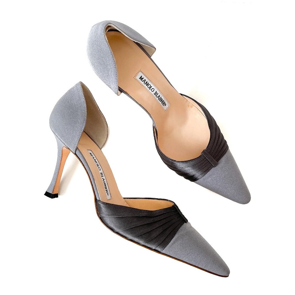 Manolo Blahnik Sedara Grey Crepe & Satin Heels